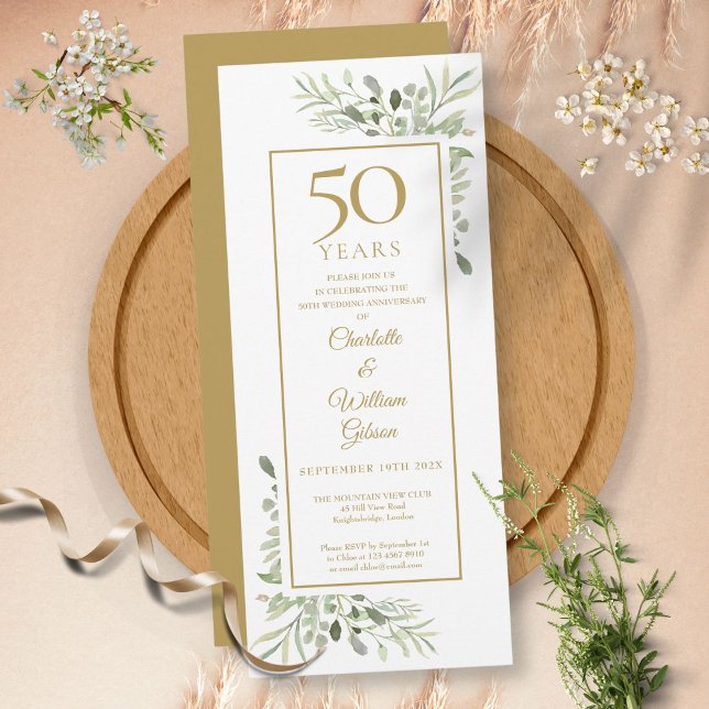 Invitation Élégante aquarelle de verdure pour le 50e annivers (Elegant 50th Gold Anniversary Watercolor Greenery Invitation)