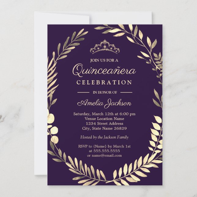 Invitation Elégante Aquarelle d'or violet en fer Quinceanera (Devant)