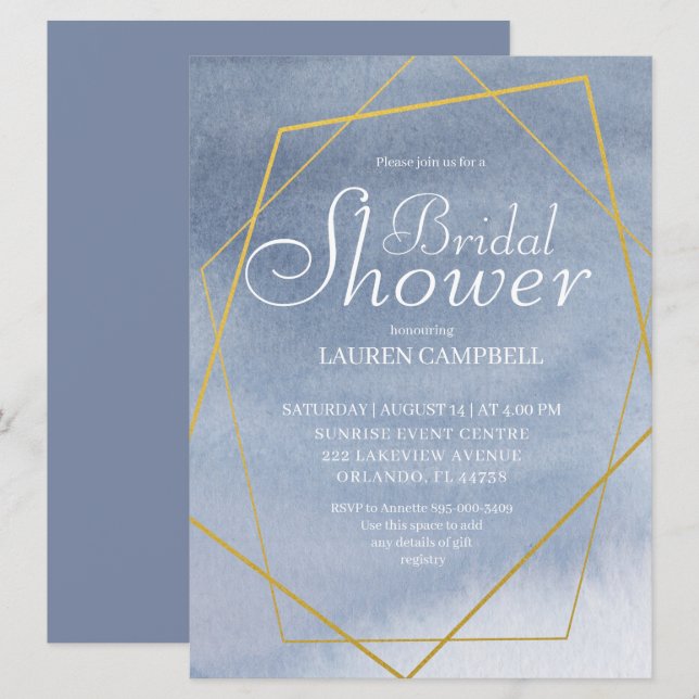 Invitation Elégante aquarelle Dusty Blue Gold géométrique (Devant / Derrière)
