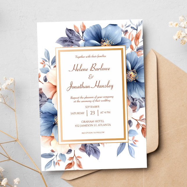 Invitation Elégante aquarelle Dusty Blue Terracotta Mariage (Elegant Watercolor Dusty Blue Terracotta Wedding Invitation)