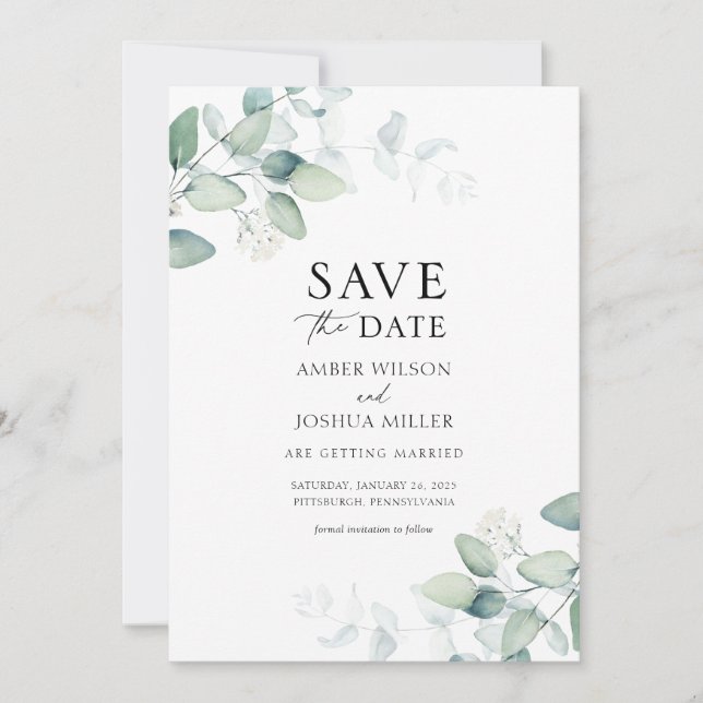 Invitation Elégante aquarelle Eucalyptus Enregistrer la date (Devant)
