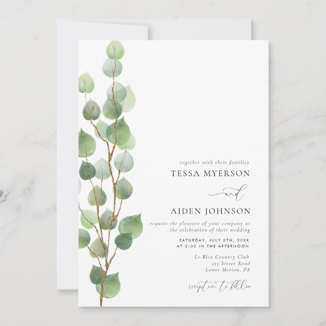 Invitation Elégante aquarelle Eucalyptus Mariage vert (Devant)
