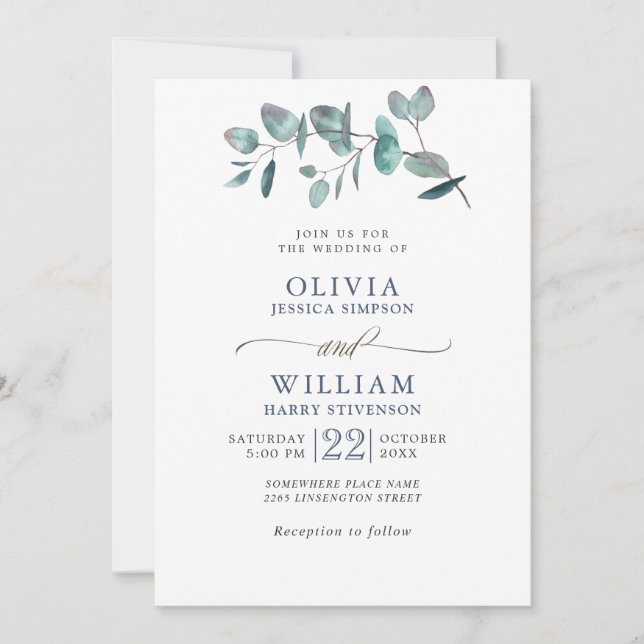 Invitation Elégante aquarelle Eucalyptus Mariage vert (Devant)