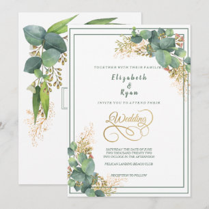 Invitation Elégante aquarelle Eucalyptus Plante Gold Filigree