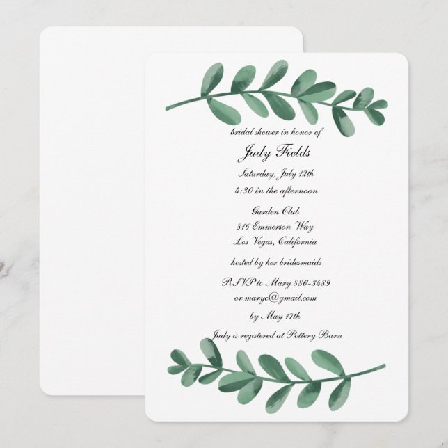 Invitation Elégante aquarelle Fête des mariées Feuille verte (Devant / Derrière)