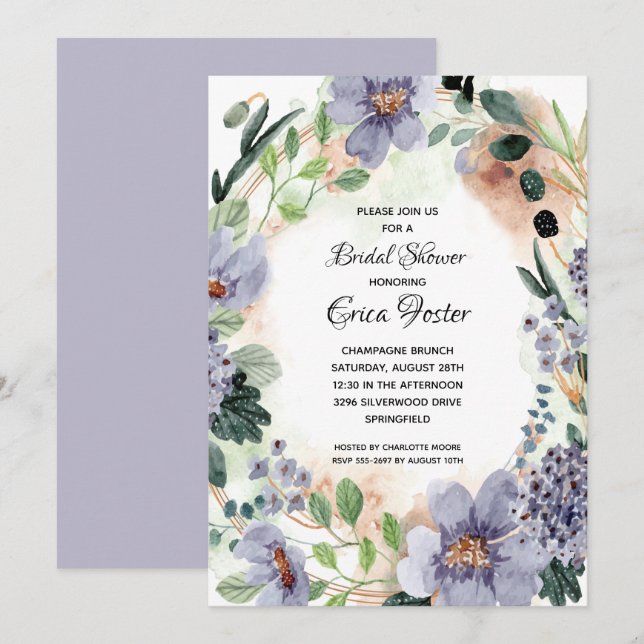 Invitation Elégante aquarelle Fête des mariées florale (Devant / Derrière)