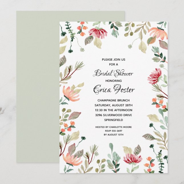Invitation Elégante aquarelle Fête des mariées florale (Devant / Derrière)