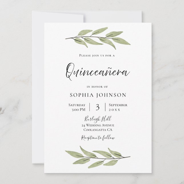 Invitation Elégante aquarelle Feuille Quinceanera Party (Devant)