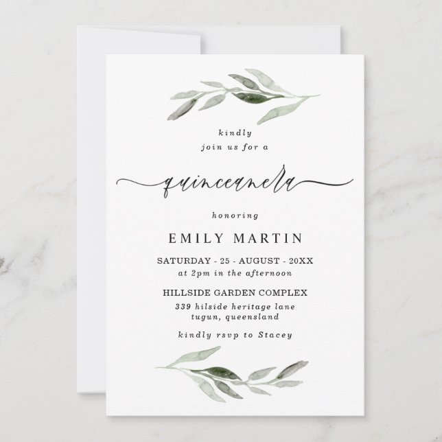 Invitation Elégante aquarelle Feuille verte Quinceanera Party (Devant)