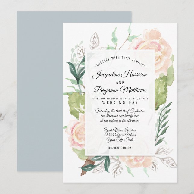 Invitation Élégante aquarelle Fleur de rose ivoire Brume pâle (Devant / Derrière)