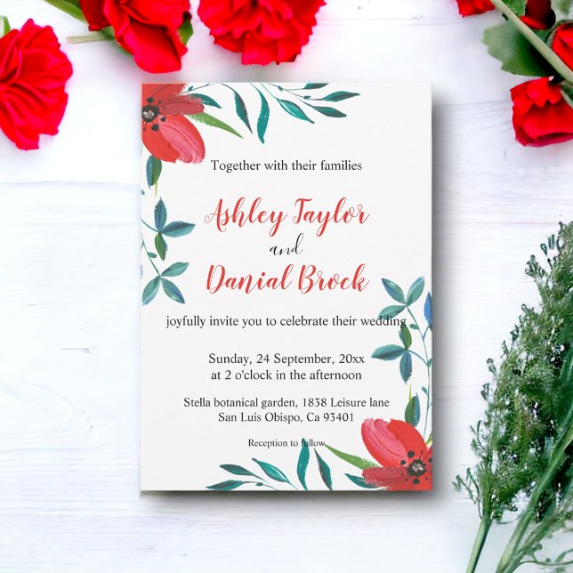 Invitation Elégante aquarelle Fleur rouge automne Mariage flo (Créateur téléchargé)