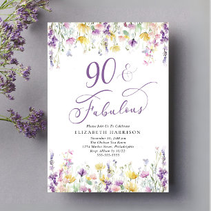 Invitation Elégante aquarelle Fleur sauvage 90e fête d'annive