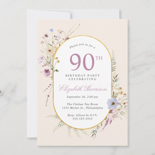 Invitation Elégante aquarelle Fleur sauvage 90e fête d'annive (Devant)