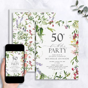 Invitation Elégante aquarelle Fleur sauvage d'été 50e anniver