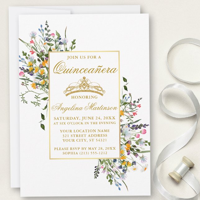 Invitation Elégante aquarelle Fleur sauvage or Quinceanera (Customize to change text size, color, style or to add more text or photos to back of card.)