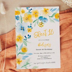 Invitation Elégante aquarelle fleurie bleue jaune bleu doux 1