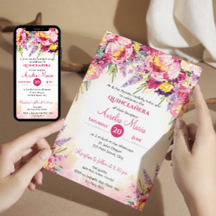 Invitation Elégante aquarelle fleurs colorées Quinceañera