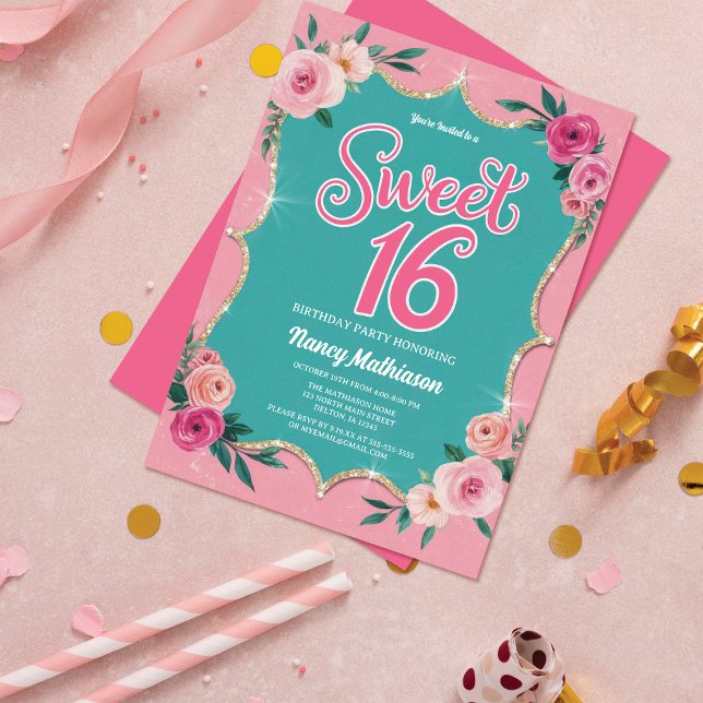 Invitation Elégante Aquarelle Fleurs Or Sweet 16 Anniversaire (Créateur téléchargé)