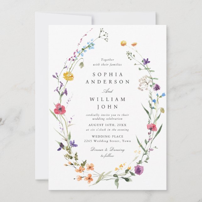 Invitation Elégante aquarelle Fleurs sauvages Mariage Photo (Devant)