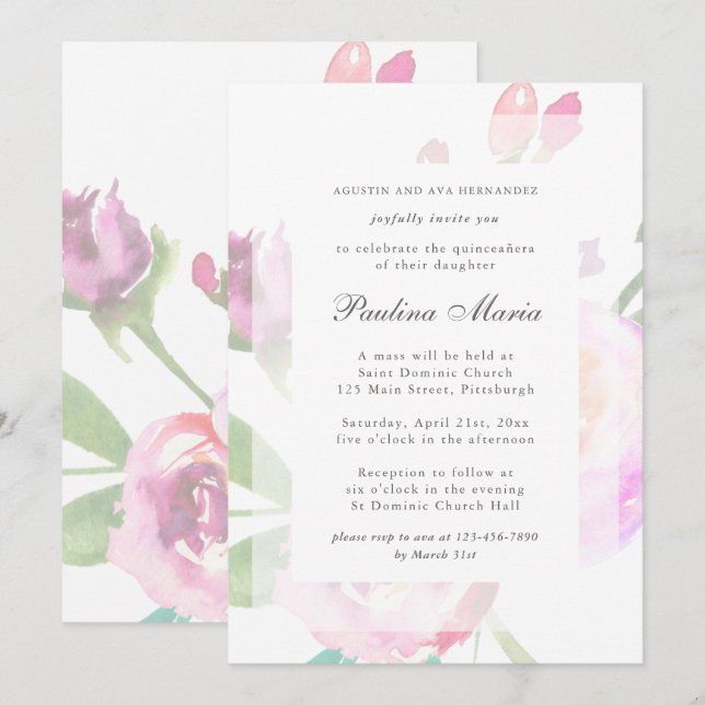 Invitation Elégante aquarelle Floral Bouquet Quinceañera (Devant / Derrière)