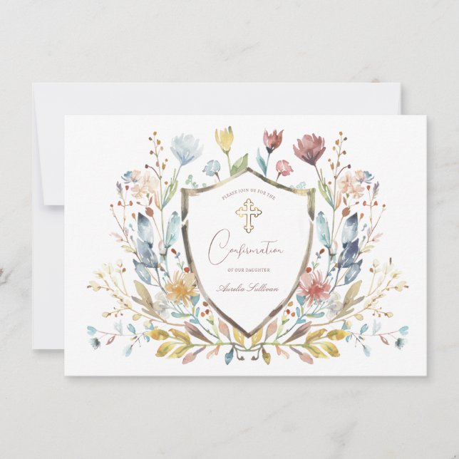 Invitation Elégante aquarelle Floral Crest Confirmation (Devant)