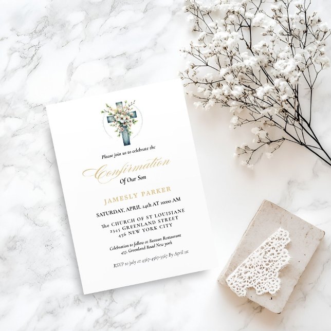 Invitation Elégante aquarelle Floral Cross Confirmation (Créateur téléchargé)