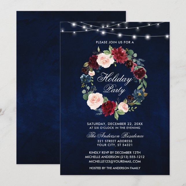 Invitation Elégante aquarelle Floral Fêtes Lumières (Devant / Derrière)