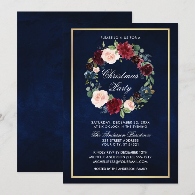 Invitation Elégante aquarelle Floral Noël Party Gold (Devant / Derrière)