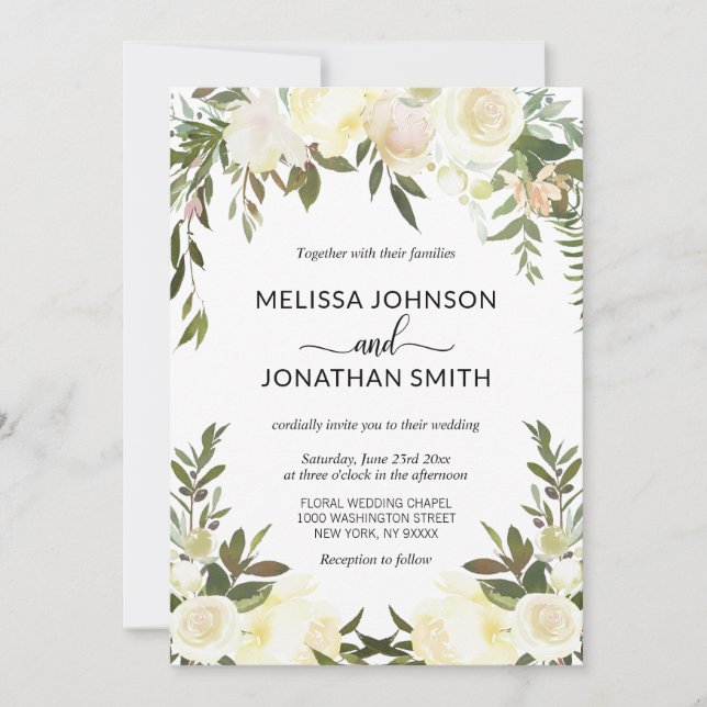 Invitation Elégante aquarelle Floral rose crème Mariage ivoir (Devant)