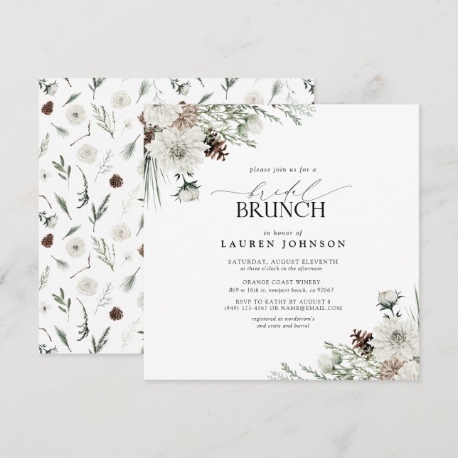 Invitation Elégante aquarelle Floral Winter Bridal Brunch (Devant / Derrière)