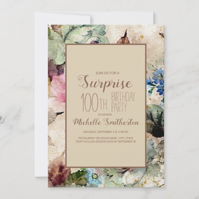 Invitation Elégante aquarelle florale 100e anniversaire (Devant)