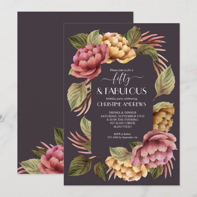 Invitation Elégante aquarelle Florale 50e fête d'anniversaire (Devant / Derrière)