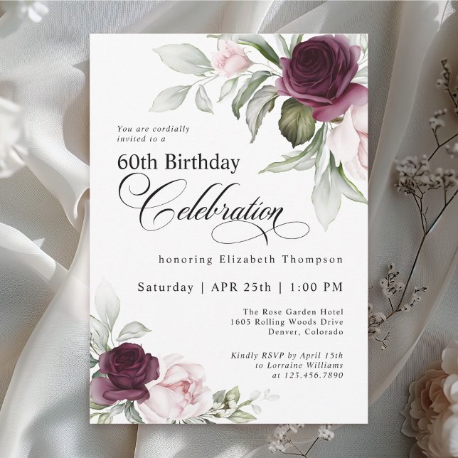 Invitation Elégante aquarelle Florale 60e anniversaire (Available in both printed and instant download digital formats.)