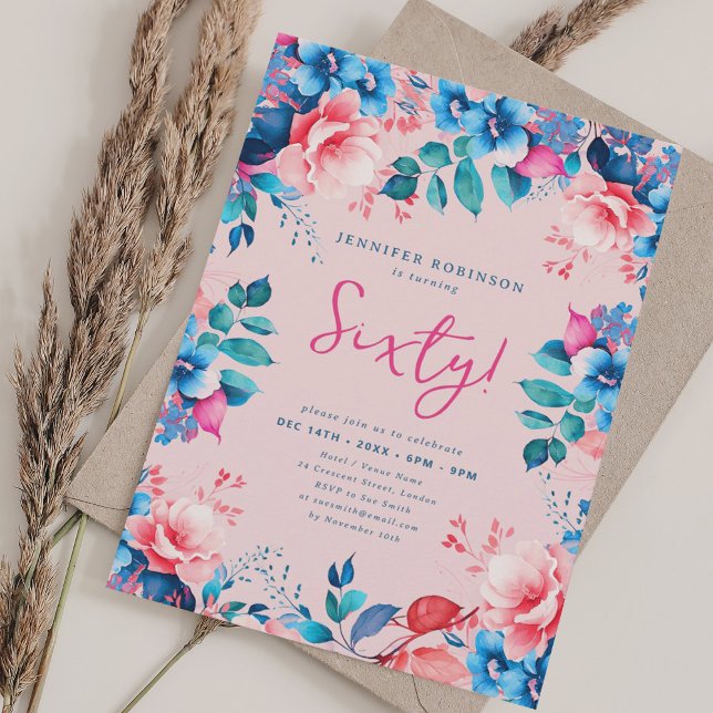 Invitation Elégante aquarelle florale 60e anniversaire Blush (Elegant Watercolor Floral 60th Birthday Blush Invitation)
