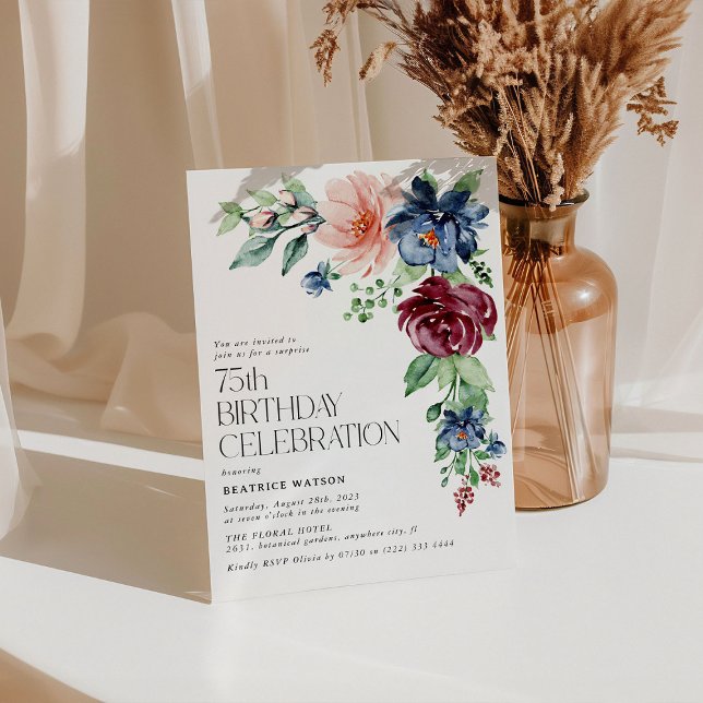 Invitation Elégante aquarelle Florale 75e Anniversaire surpre (Créateur téléchargé)