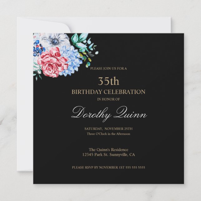 Invitation Elégante aquarelle Florale Anniversaire (Devant)