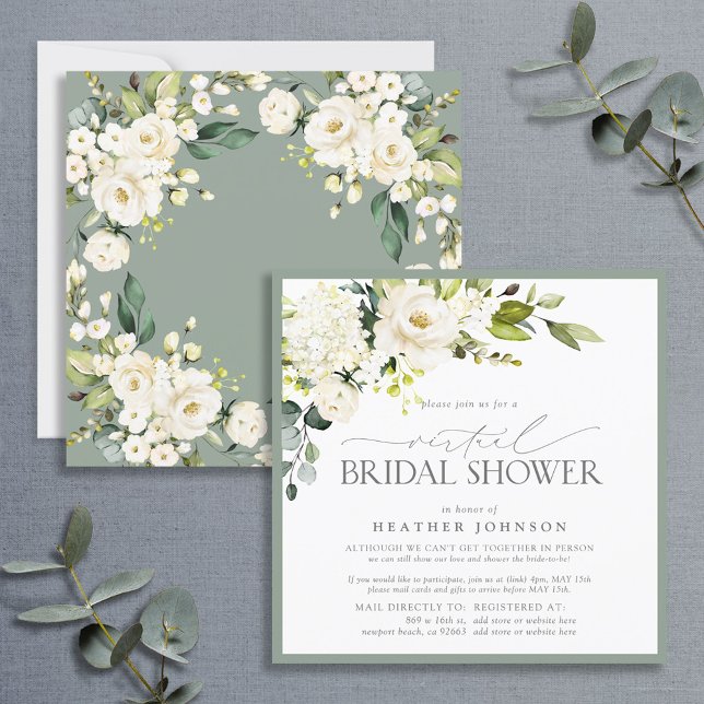 Invitation Elégante aquarelle florale blanche Douche virtuell (Créateur téléchargé)