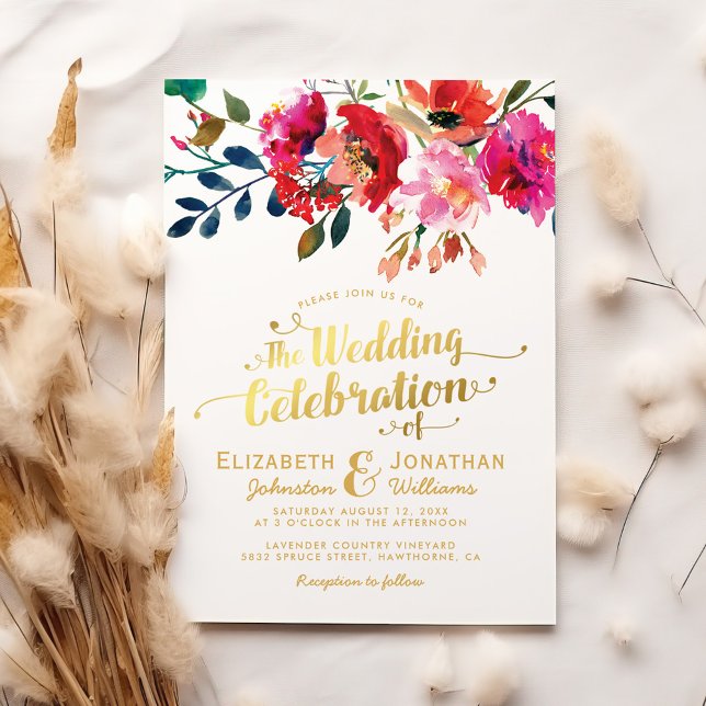 Invitation Elégante aquarelle florale Mariage or blanc (Créateur téléchargé)
