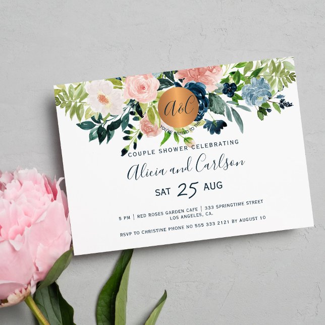 Invitation Elégante aquarelle florale monogramme douche coupl (Créateur téléchargé)
