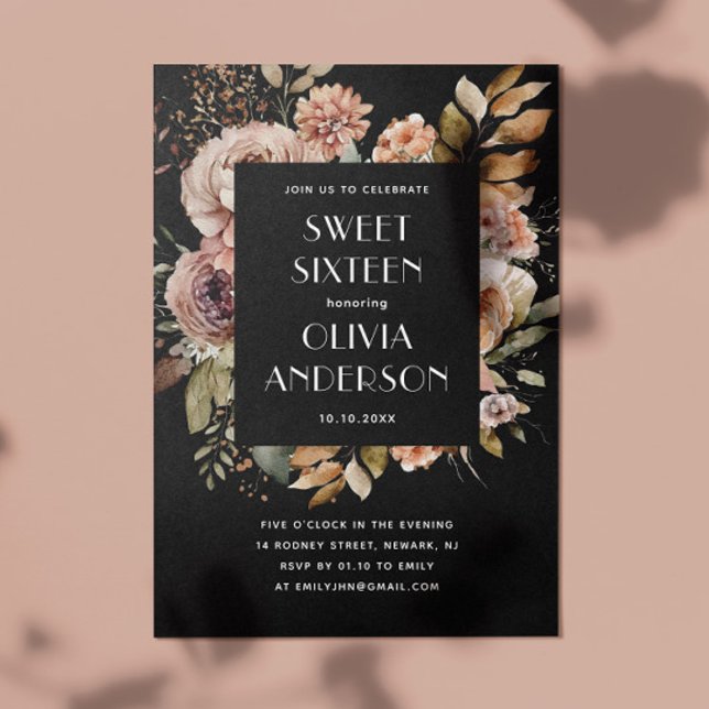 Invitation Elégante aquarelle florale noire Douce 16 seize (Créateur téléchargé)