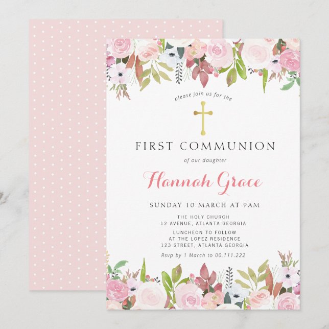 Invitation Elégante aquarelle florale première communion (Devant / Derrière)