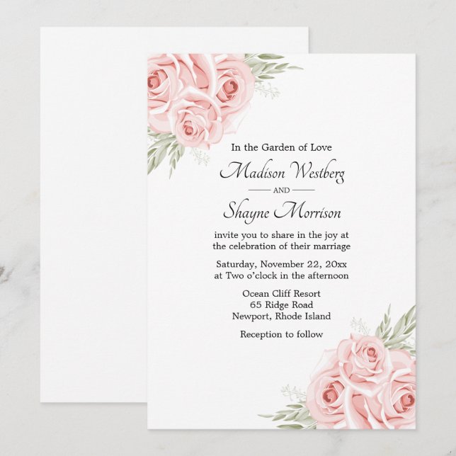 Invitation Elégante aquarelle florale rose rose pâle Mariage (Devant / Derrière)