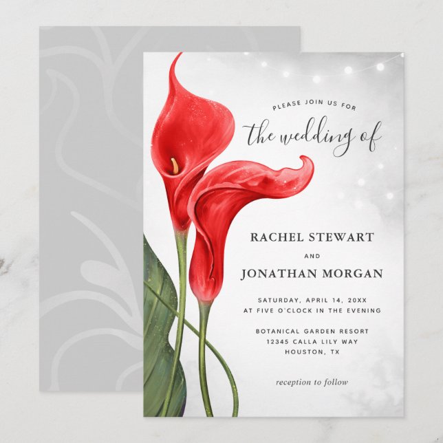 Invitation Elégante aquarelle Florale Rouge Calla Lily Mariag (Devant / Derrière)