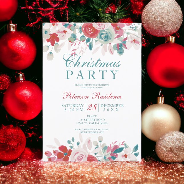 Invitation Elégante aquarelle florale rouge vert Noël (Elegant floral watercolor red green Christmas Invitation)