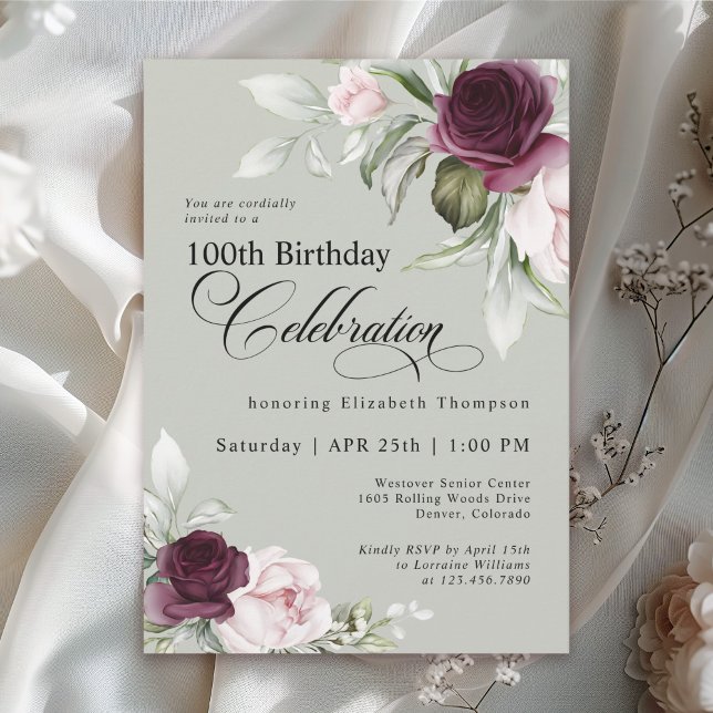 Invitation Elégante aquarelle Florale Sage 100e anniversaire (Créateur téléchargé)