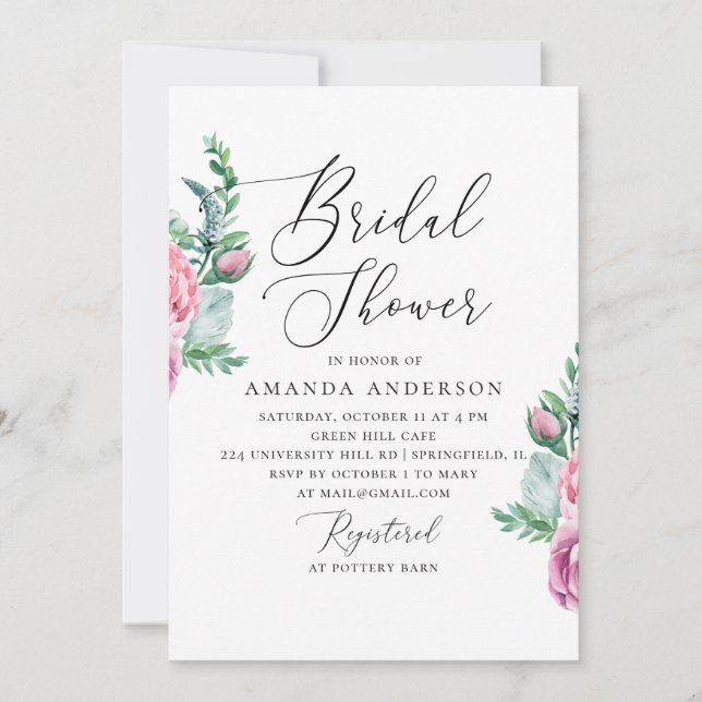 Invitation Elégante aquarelle florale script nuptiale douche (Devant)