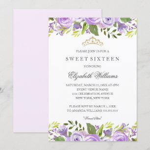 Invitation Élégante aquarelle florale violette pour un Sweet