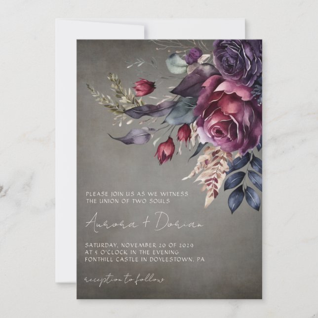 Invitation Elégante aquarelle gothique Mariage floral (Devant)