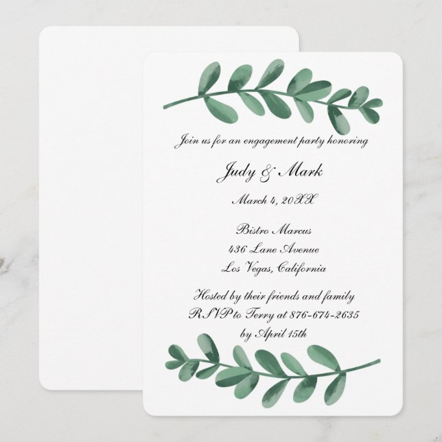 Invitation Elégante aquarelle Green Feuilles (Devant / Derrière)