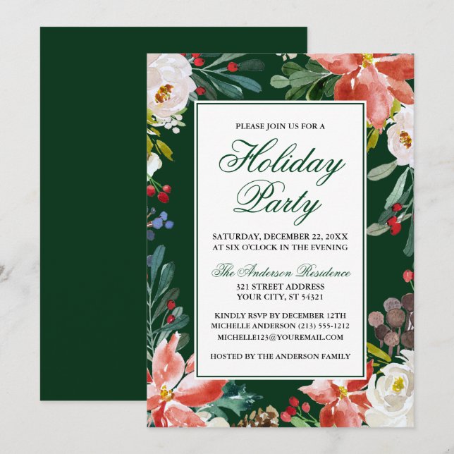 Invitation Elégante aquarelle Hiver Fête Florale (Devant / Derrière)